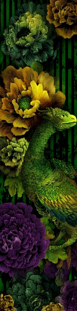 Free printable dragon bookmark featuring scaly green dragon on vertical green stripes